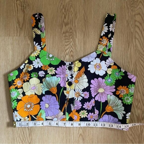Maje 60s Mod Floral Crop Top Retro Psychedelic Daisy Print Bustier - Picture 9 of 13